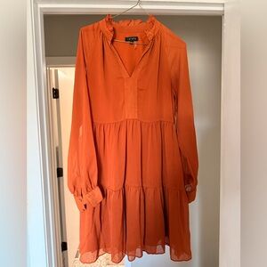 STATE Orange Ruffle-Neck Tiered Long-Sleeve Dress